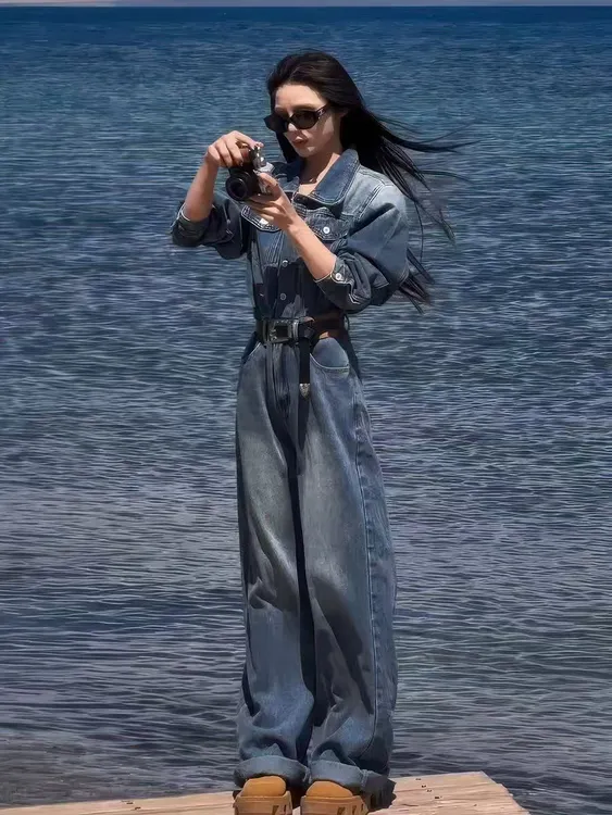 美式复古连身裤时尚Polo领长袖宽松显瘦百搭牛仔连体裤女AM25386