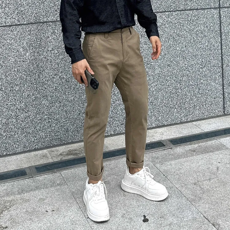经典基础款水洗棉休闲裤男韩版修身直筒裤商务卡其裤男裤青年长裤