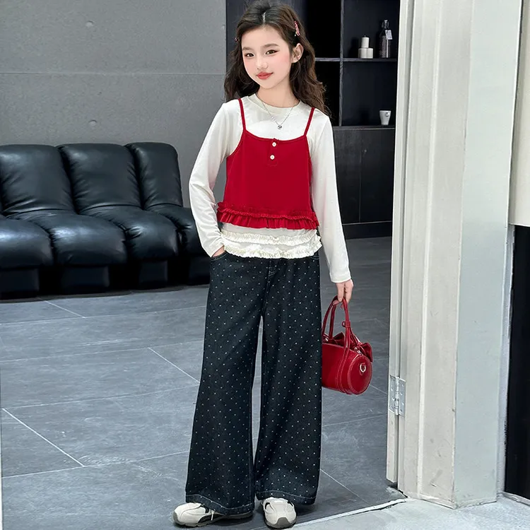 女童春秋套装2025新款儿童花边T恤叠穿吊带韩系打底衫阔腿