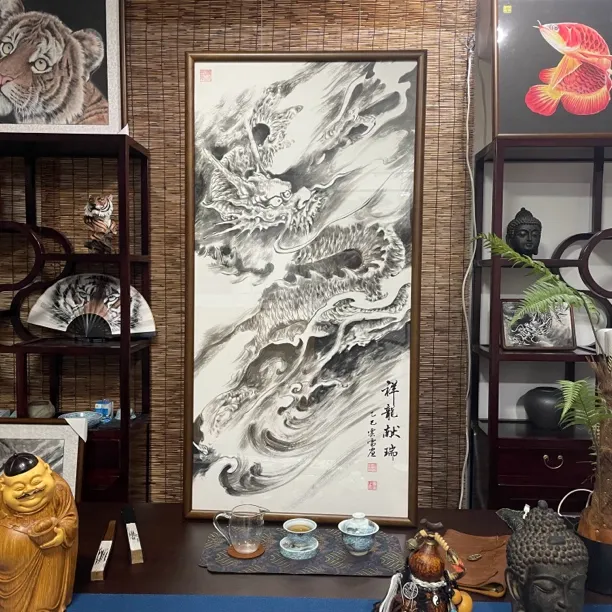 手绘国画《墨龙》124*64cm实木框 茶室玄关客厅办公室挂画 免装