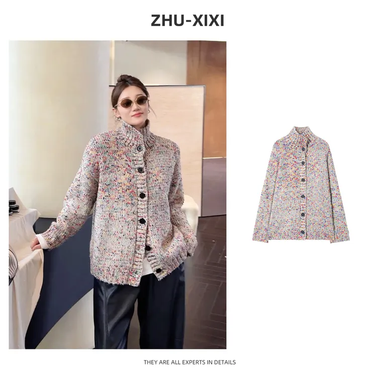 祝喜喜【彩点织章】 冬季新款保暖彩点长款长袖宽松厚款毛衣开衫款