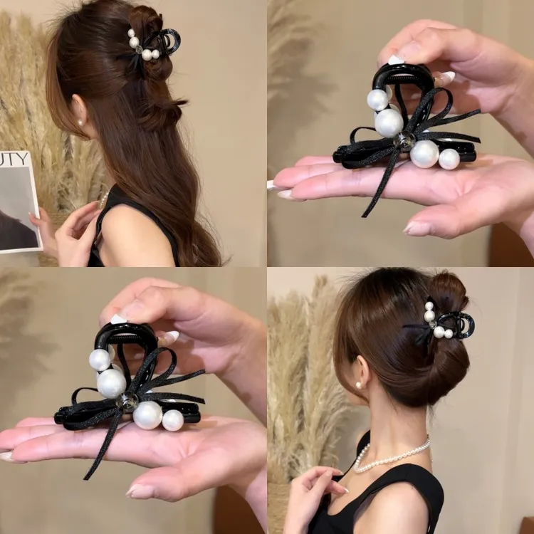 2025新款珠珠蝴蝶结发夹高级感百搭鲨鱼夹高马尾发卡气质优雅发饰