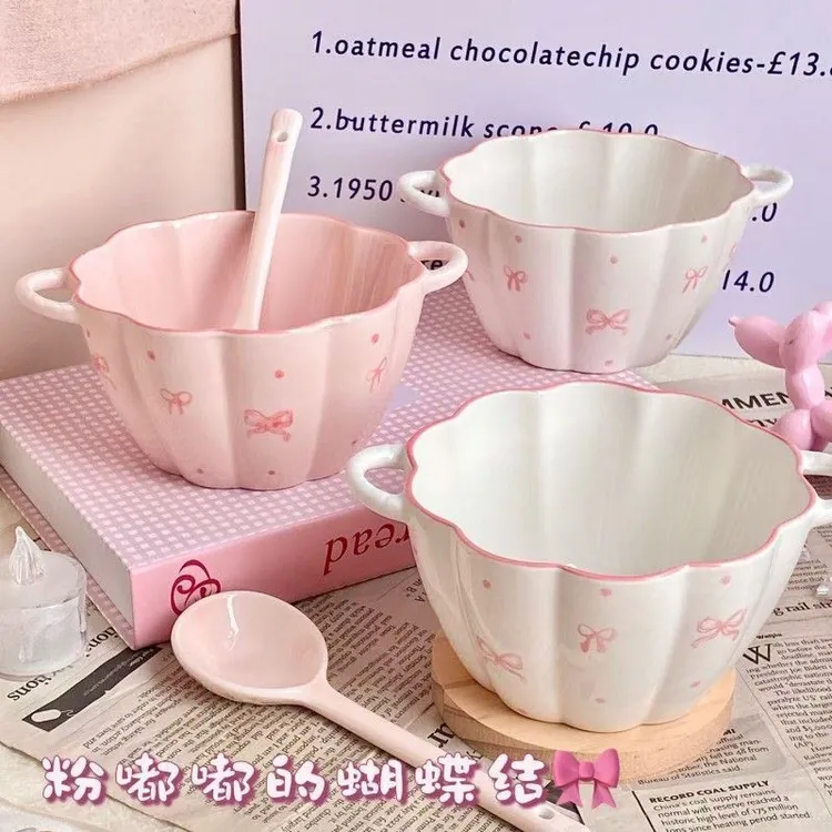 粉色蝴蝶结双耳南瓜碗可爱少女心甜品碗釉下彩碗勺高颜值家用饭碗