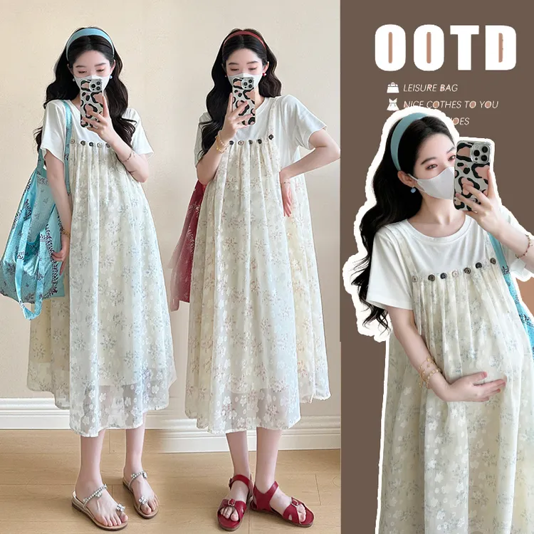 孕妇装夏季新款韩版时尚洋气辣妈宽松显瘦雪纺提花假两件连衣裙