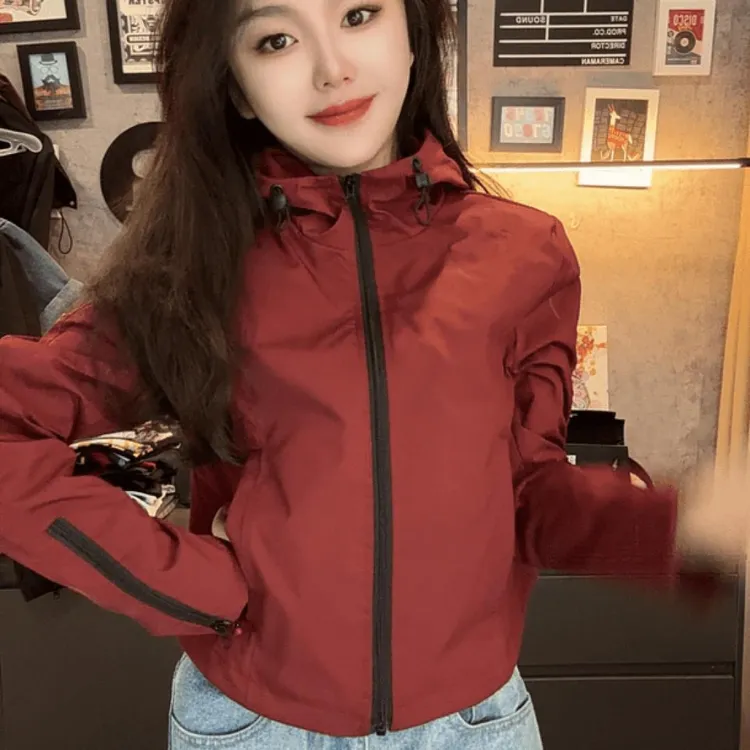 秋季新款时尚防风短款收腰连帽风衣工装冲锋衣韩版休闲外套女