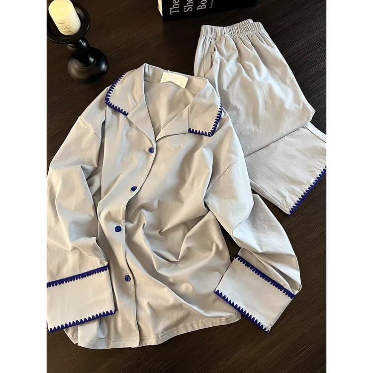 韩版秋冬季宽松休闲边纯色睡衣女简约风撞色长袖长裤家居服可外穿