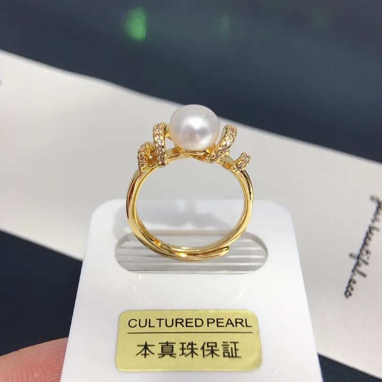 高级简约天然淡水珍珠戒指微镶锆石开口戒指珍珠手饰