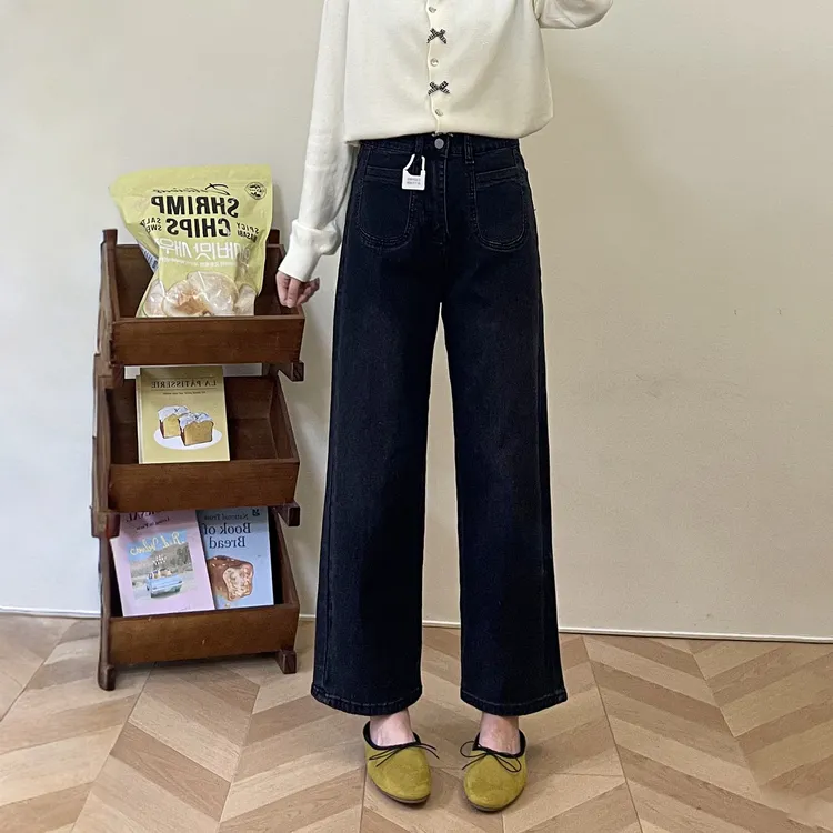 秋季显瘦小黑裤微胖女孩高腰直筒牛仔裤梨型身材弹力百搭九分裤子