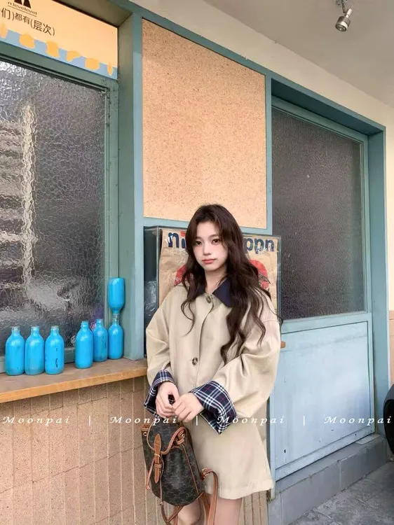 【布达佩斯学院】撞色格纹风衣外套女小个子宽松遮肉显瘦高级感大衣