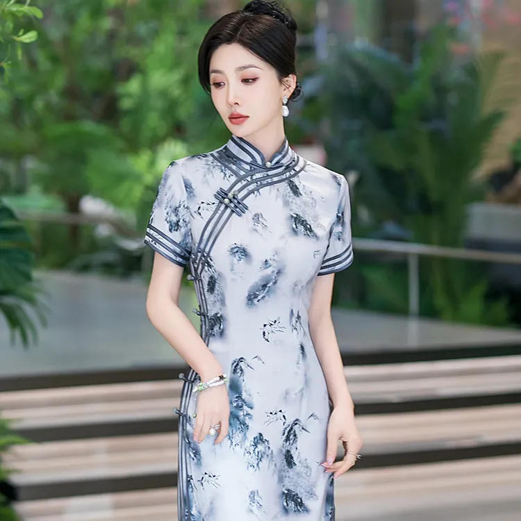 新中式旗袍2025夏季素雅国风礼服高端老上海改良长款裙子日常可穿