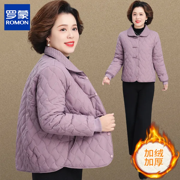 罗蒙新中式妈妈秋冬加绒外套夹棉小棉袄新款阔太太中老年冬装棉衣
