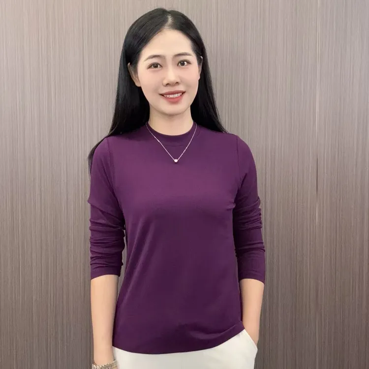 秋季时尚休闲百搭纯色立领简约显瘦女士长袖 t 恤高级罗纹棉打底