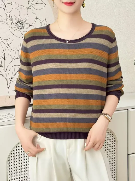 2025秋薄款复古拼色条纹针织衫女大码女装胖MM减龄休闲长袖上衣潮
