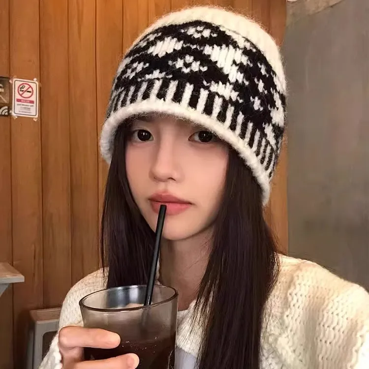 韩版复古包头帽女秋冬款小众拼色大头围针织帽保暖时尚显白毛线帽