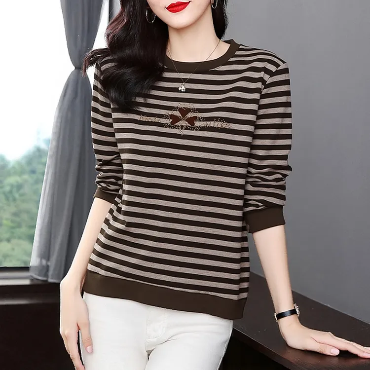 宽松条纹长袖t恤女时尚百搭妈妈装上衣2026新款春季大码卫衣女装