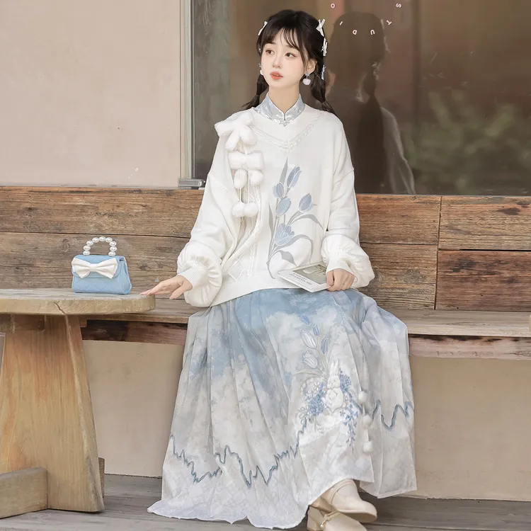 倚梦阁原创设计花与兔兔汉服女国风新中式衣半裙套装