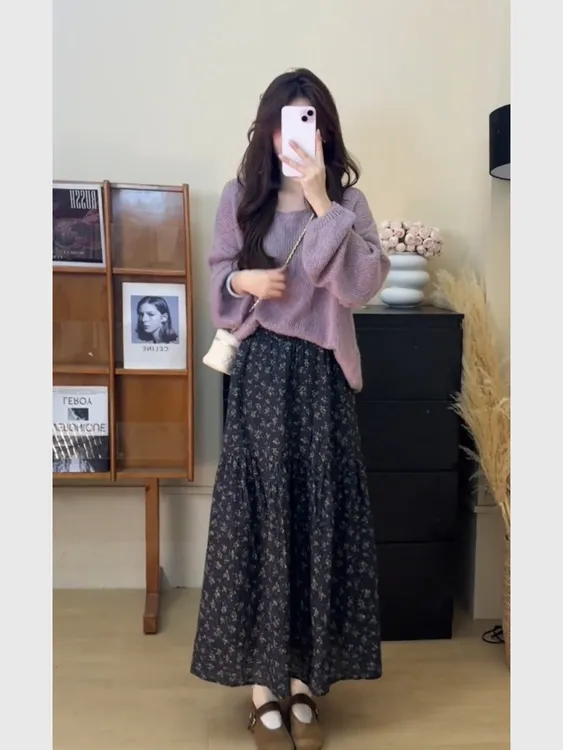 紫色毛衣慵懒高级感外穿韩系一整套ootd穿搭温柔风碎花半身裙套装