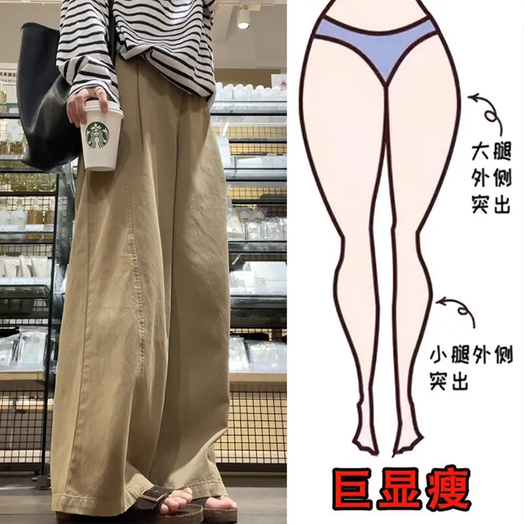 卡其色松弛感直筒阔腿休闲裤女秋季大码梨形身材遮胯显瘦慵懒长裤