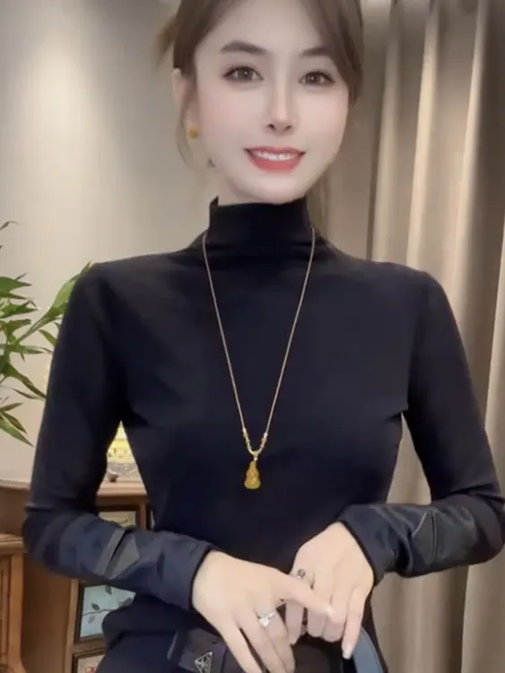 欧货半高领拼接丝绒袖口长袖圆领修身型T恤百搭时尚网红上衣潮