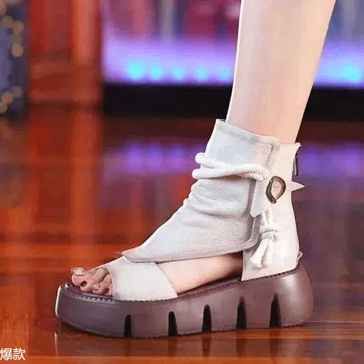 2025夏季新款鱼嘴凉鞋女复古百搭中帮厚底增高松糕底露趾罗马凉鞋