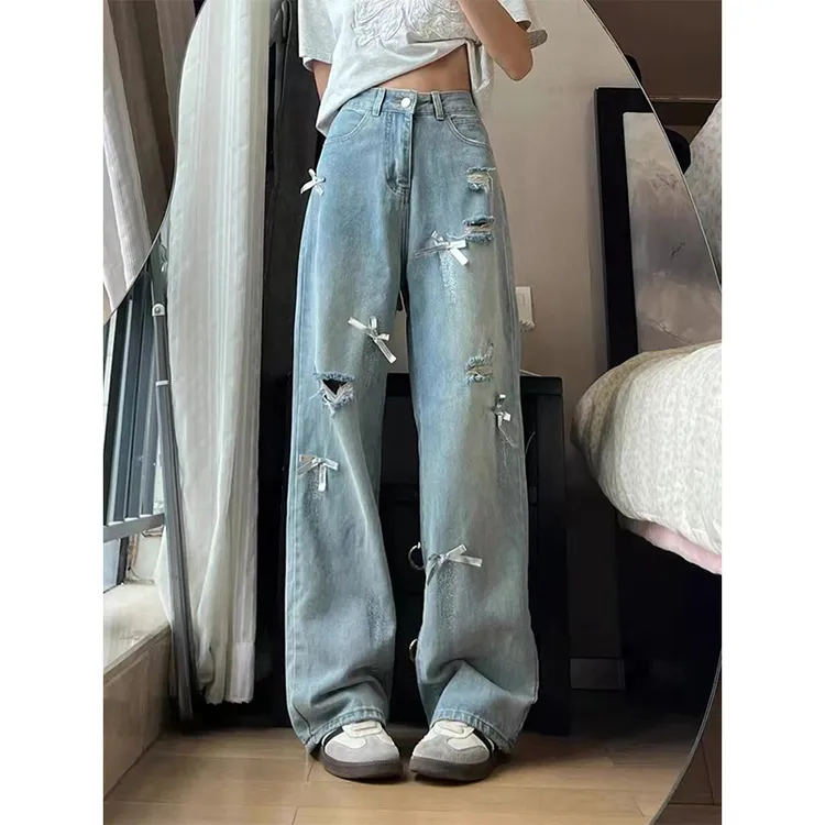 大码破洞牛仔裤女春秋2025新款胖mm宽松显瘦高腰直筒阔腿拖地裤子
