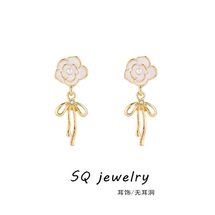铜合金锆石耳饰 山茶花蝴蝶结耳环女轻奢高级感气质简约耳饰耳钉