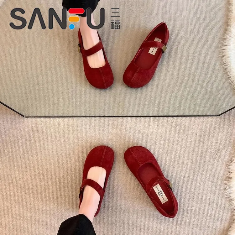 三福法式玛丽珍单鞋女2025年夏季新款复古一字带扣绒面通勤小红鞋