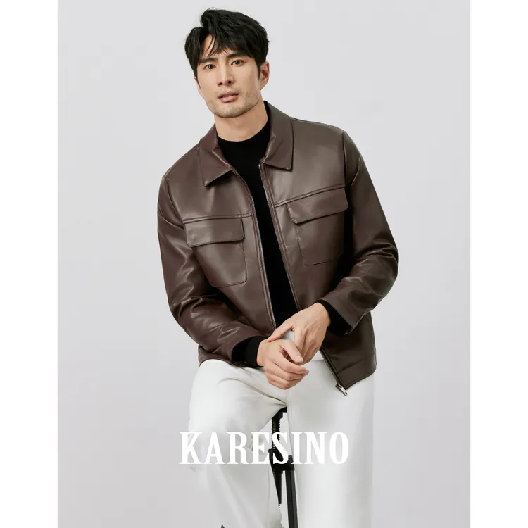 KARESINO秋季休闲双口袋皮衣男短款机车服男士美拉德翻领夹克外套