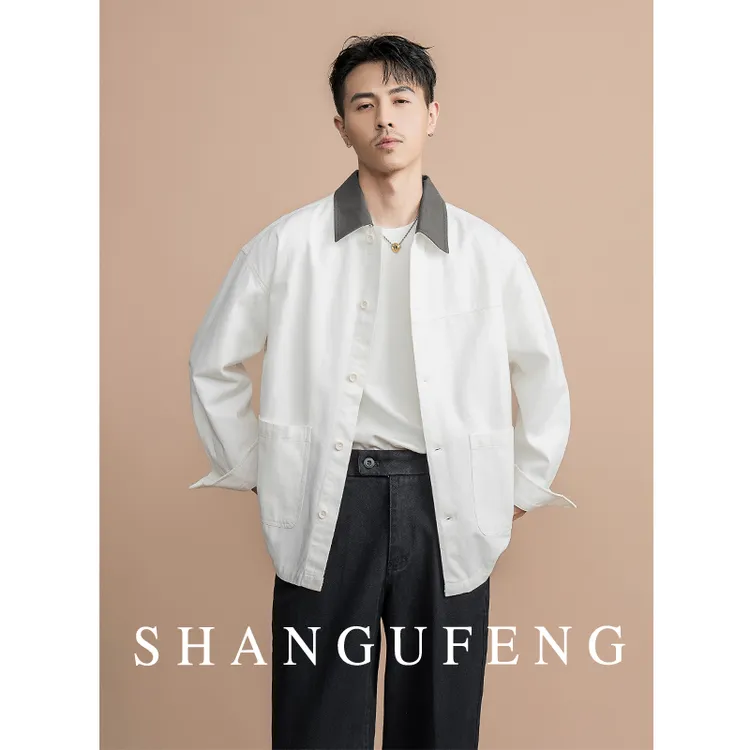 SHANGUFENG秋冬色纺精梳棉拼色领休闲夹克外套男复古休闲翻领外套