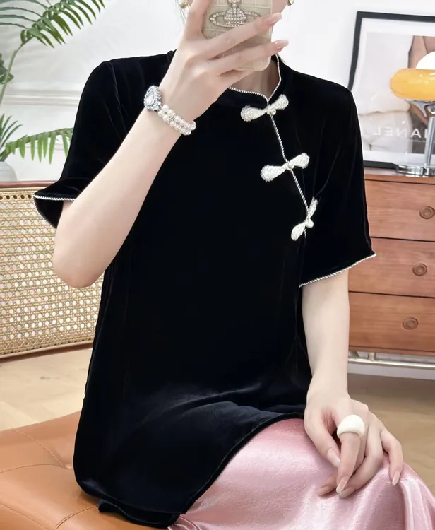 有袖东方韵味琵琶盘扣100%桑蚕丝真丝丝绒上衣