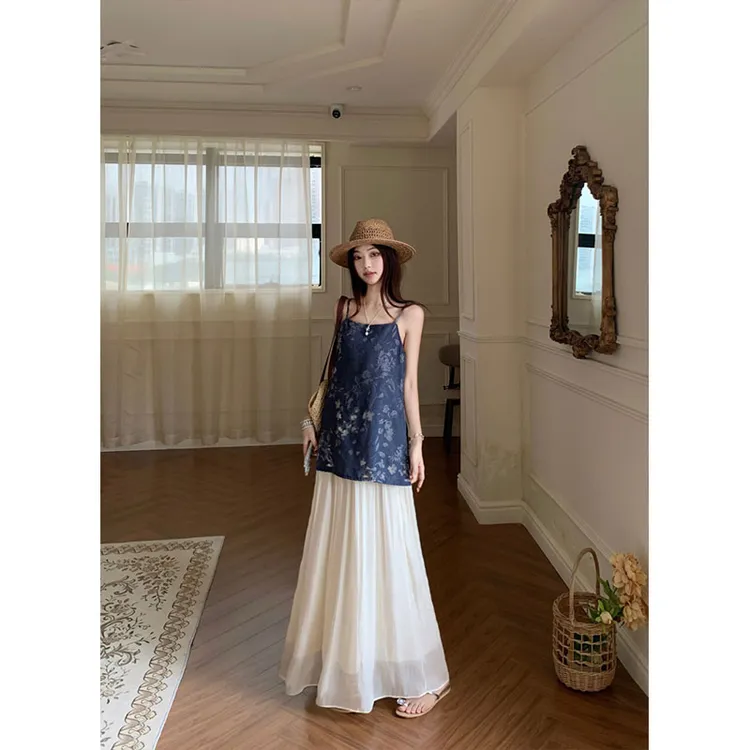 2025夏季新款复古镂空重工工艺开衩吊带背心+百搭纱裙半身裙套装