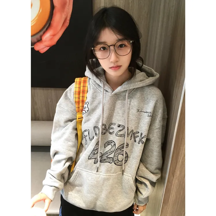 国潮美式复古爆款字母连帽卫衣女秋冬2025新款宽松穿搭情侣上衣