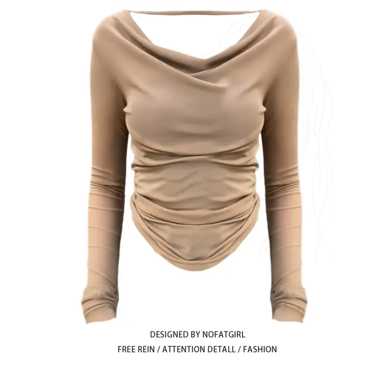 大码胖MM纯欲风荡领斜肩长袖T恤女早秋新款修身显瘦内搭打底上衣