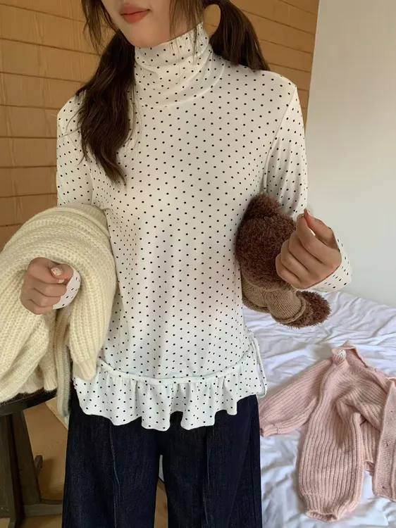 珍珠少女薄 半高领波点花边针织打底衫女秋冬内搭长袖T恤