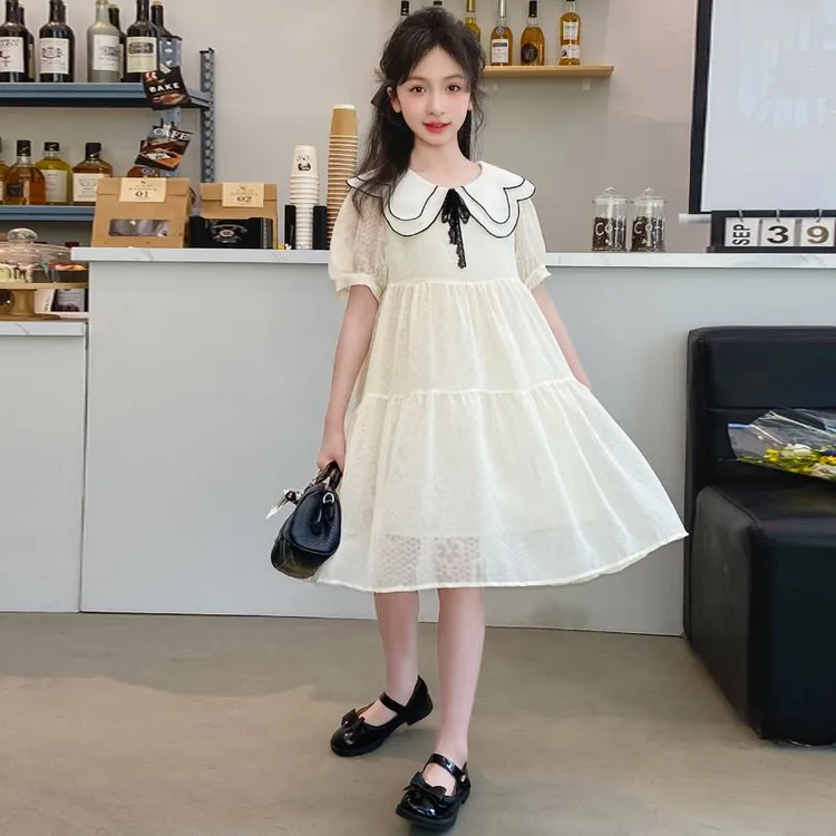 女童连衣裙夏款儿童洋气韩版短袖学院风公主裙大童夏季初中生裙子