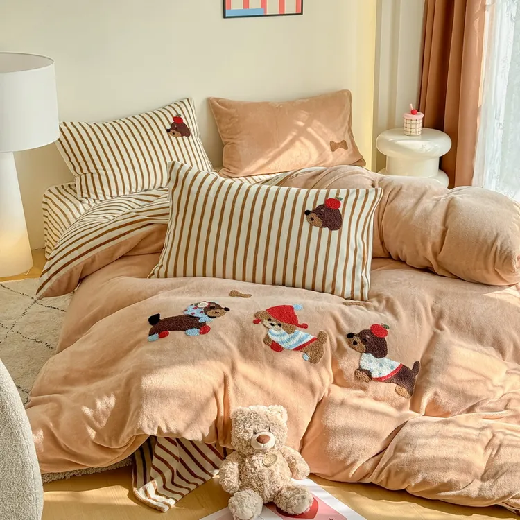 腊肠狗美拉德色系冬季牛奶绒四件套双面加绒加厚床上保暖被套床单