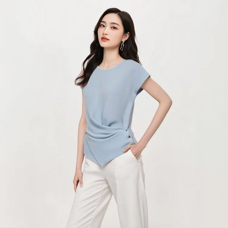 圆领短款薄款纯欲风简约冰丝小衫