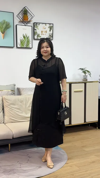 娜丹静原创大码柔软飘逸透气百搭国风开叉外搭裙子LT95470