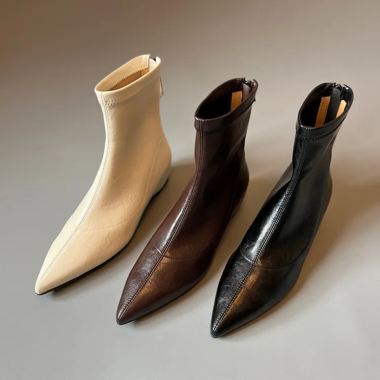 尖头瘦瘦靴裸靴弹力时装靴白色时尚通勤秋冬冬季单靴4.5cm女靴