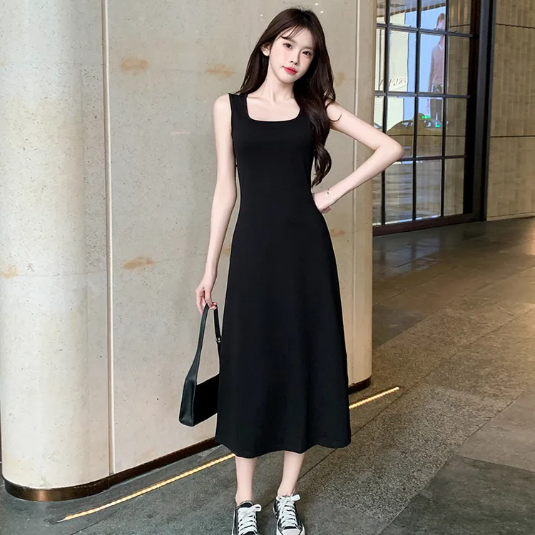 纯欲慵懒风女装黑色无袖背心裙时尚遮肚显瘦中长款内搭打底连衣裙