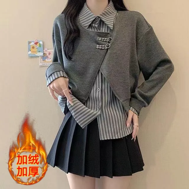 加绒加厚2025年秋冬季新款设计感假两件卫衣女显瘦POLO领长袖上衣