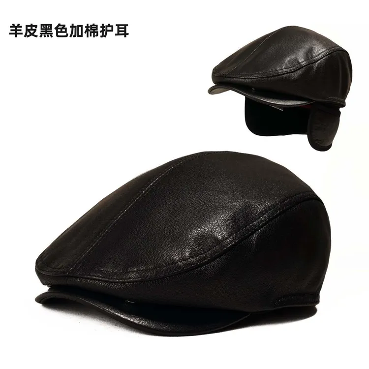 真皮帽子男士老人冬季老头中老年人保暖羊皮前进贝雷鸭舌帽护耳棉