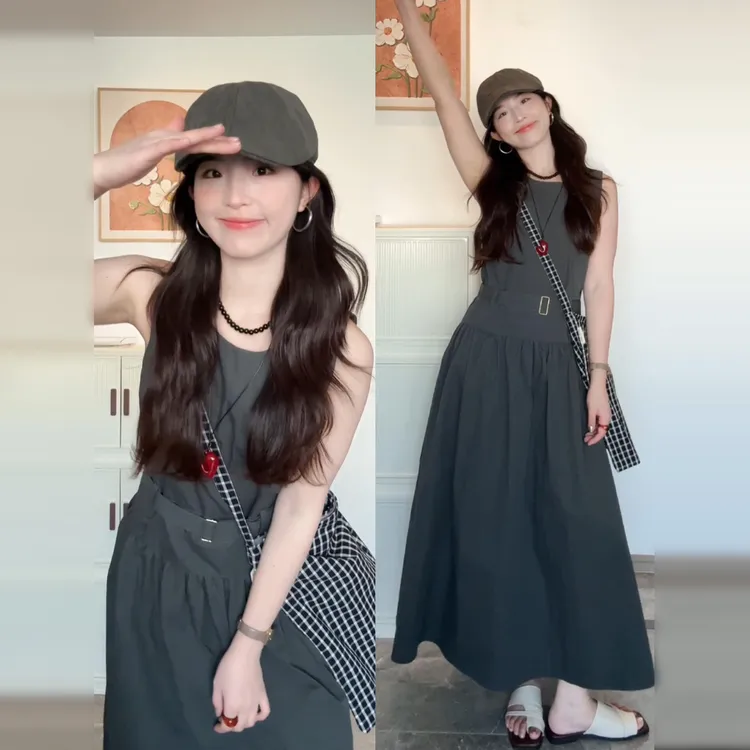 4081高级感灰色无袖背心连衣裙子女夏季2025新款气质收腰工装长裙