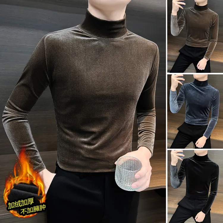 加绒加厚金丝绒男士打底衫男款爆款2025新款冬天痞帅半高领上衣