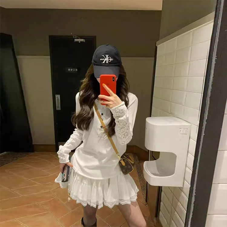 美式chic慵懒风亨利领长袖T恤女夏季蕾丝镂空刺绣宽松防晒衫上衣