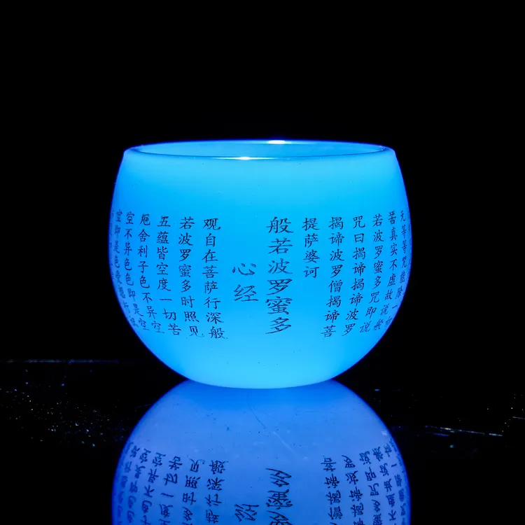 高档蓝琉璃心经杯家用菩提主人杯个人品茗杯创意描金龙蛋杯1225