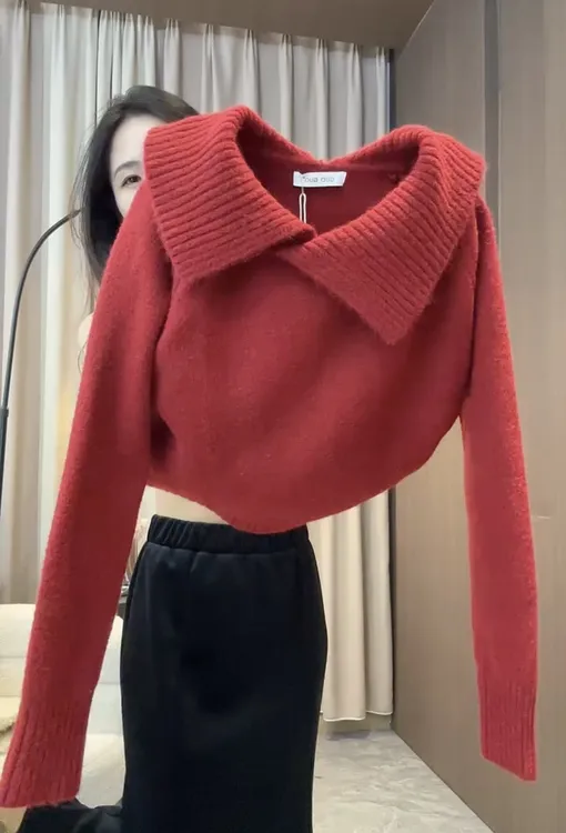韩版设计感大翻领毛衣针织衫女2025秋冬新款宽松显瘦百搭毛衣内搭