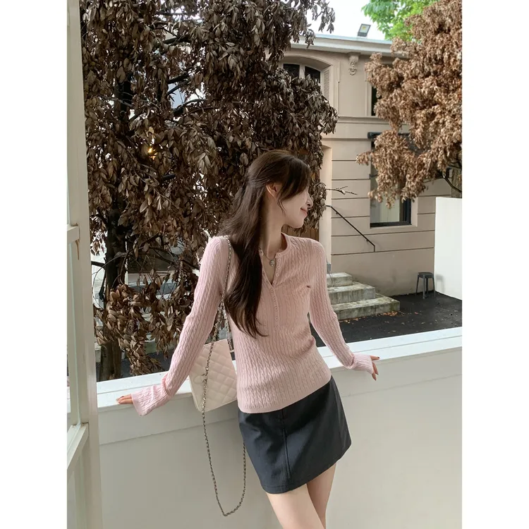 morningbloom纽扣半开领麻花长袖针织衫女秋季修身打底巨琥珀流光