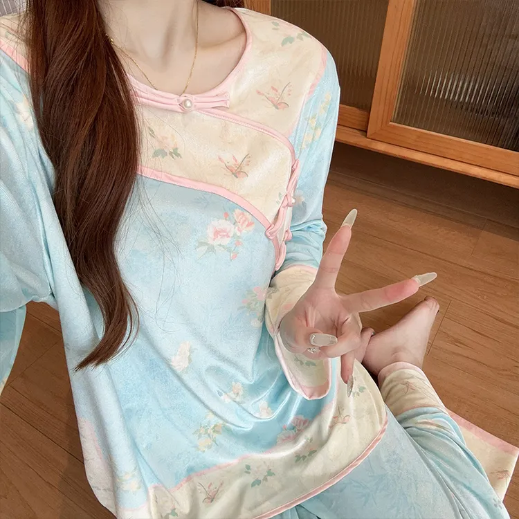 丝绒春秋清汉女新中式古装海岛绒睡衣长袖宫廷风格格家居服冬款