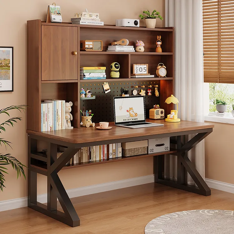 实木生态板台式电脑桌卧室家用书桌书架一体靠墙学习桌带电竞桌子